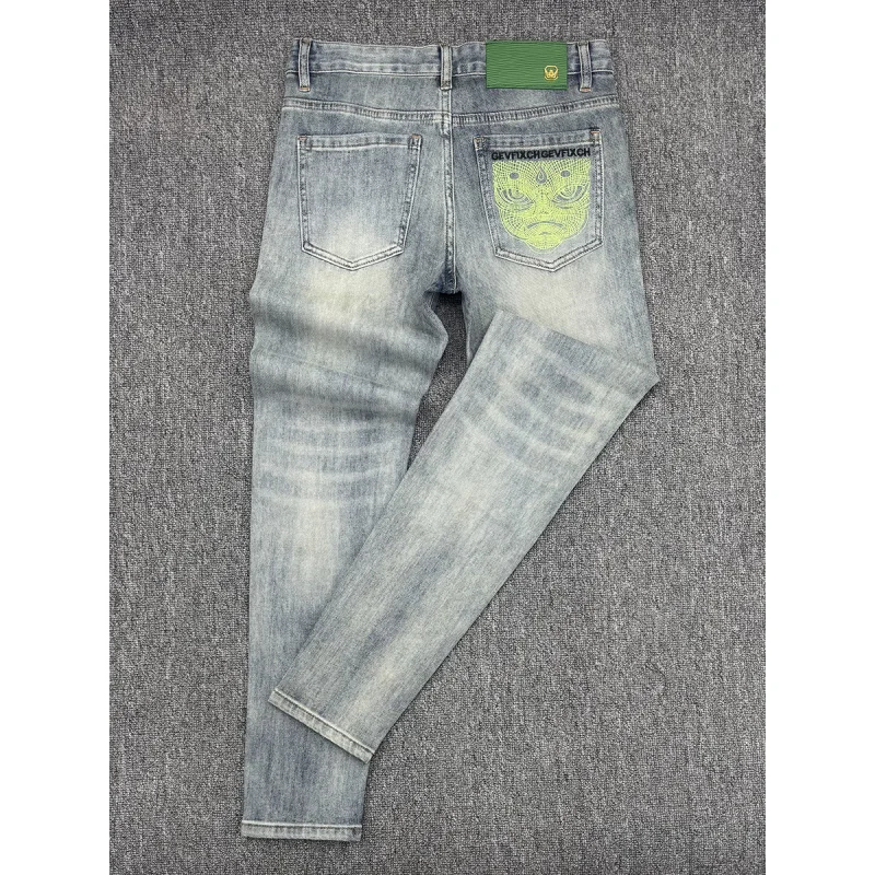 

Fashionable jeans for men 2025 new style slim fit small foot elastic trend embroidery printed casual denim long pants