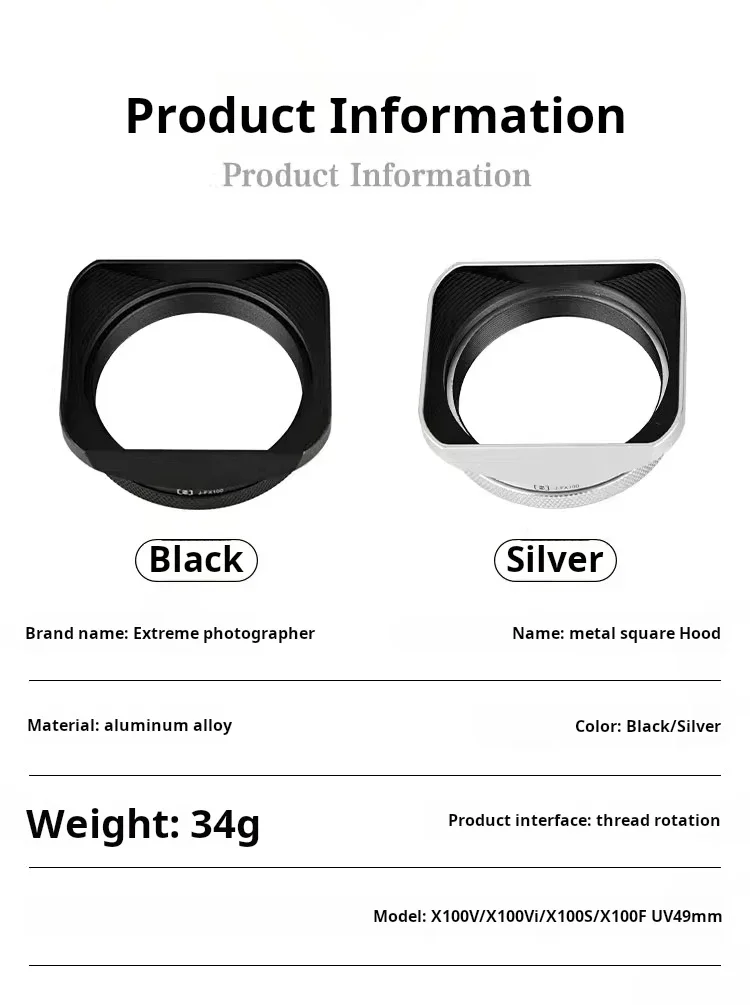 Square X100VI Blendenabdeckung, kompatibel mit Fujifilm X70 X100S X100T X100 X100F X100V Objektivfilter-Adapterring, Metallhalterung – Detail 2