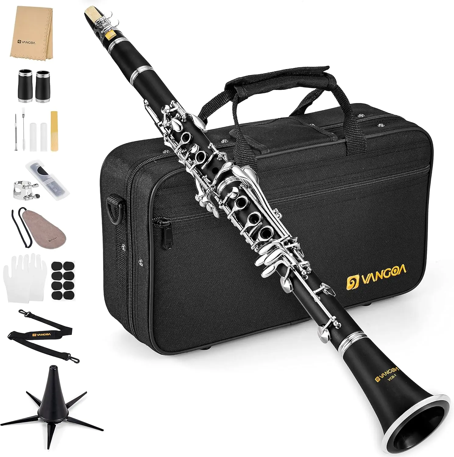 

Bb Clarinet Beginner Kit with Hard Case, Stand, Cleaning Tools for School Band and Orchestra