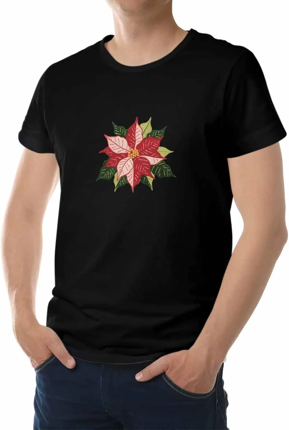 Men's T-Shirt, Novelty Graphic T-Shirt Christmas Poinsettia Flowers Embroidery Cotton Crew Neck Men's Short