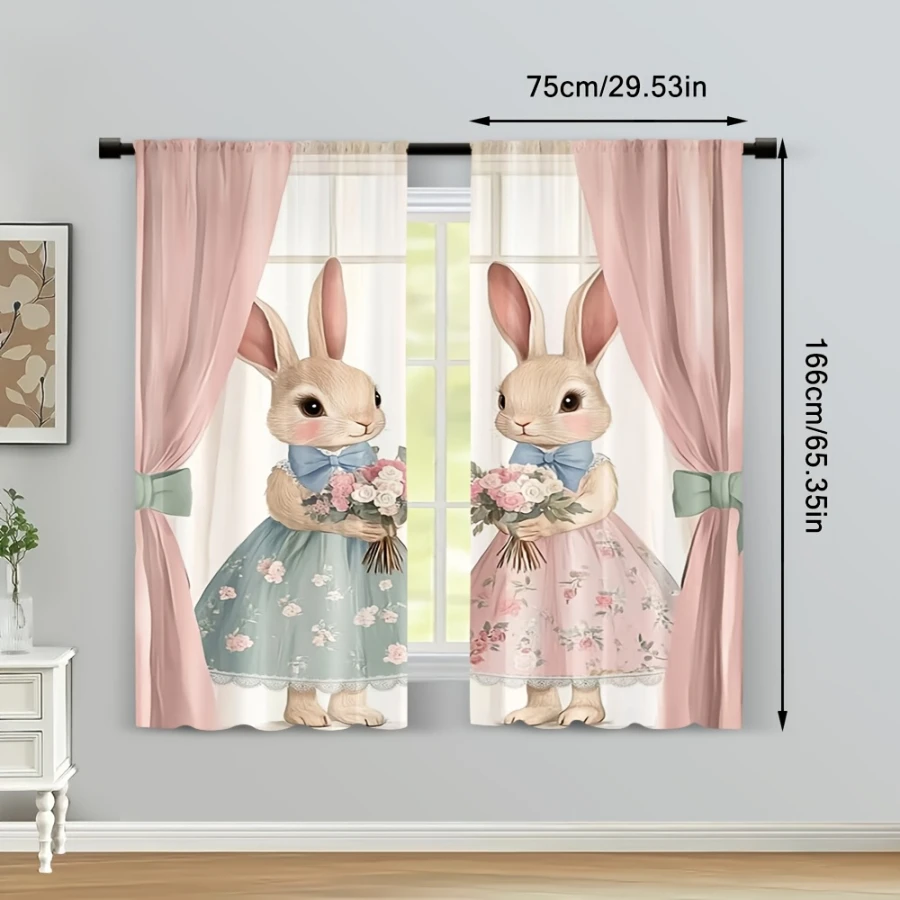 2PCS Digital Print Curtains, Flower Dress Bunny Pattern, Cute Floral Skirt Rabbit Decor Pretty Girl Bunny Kids Bedroom Drapes