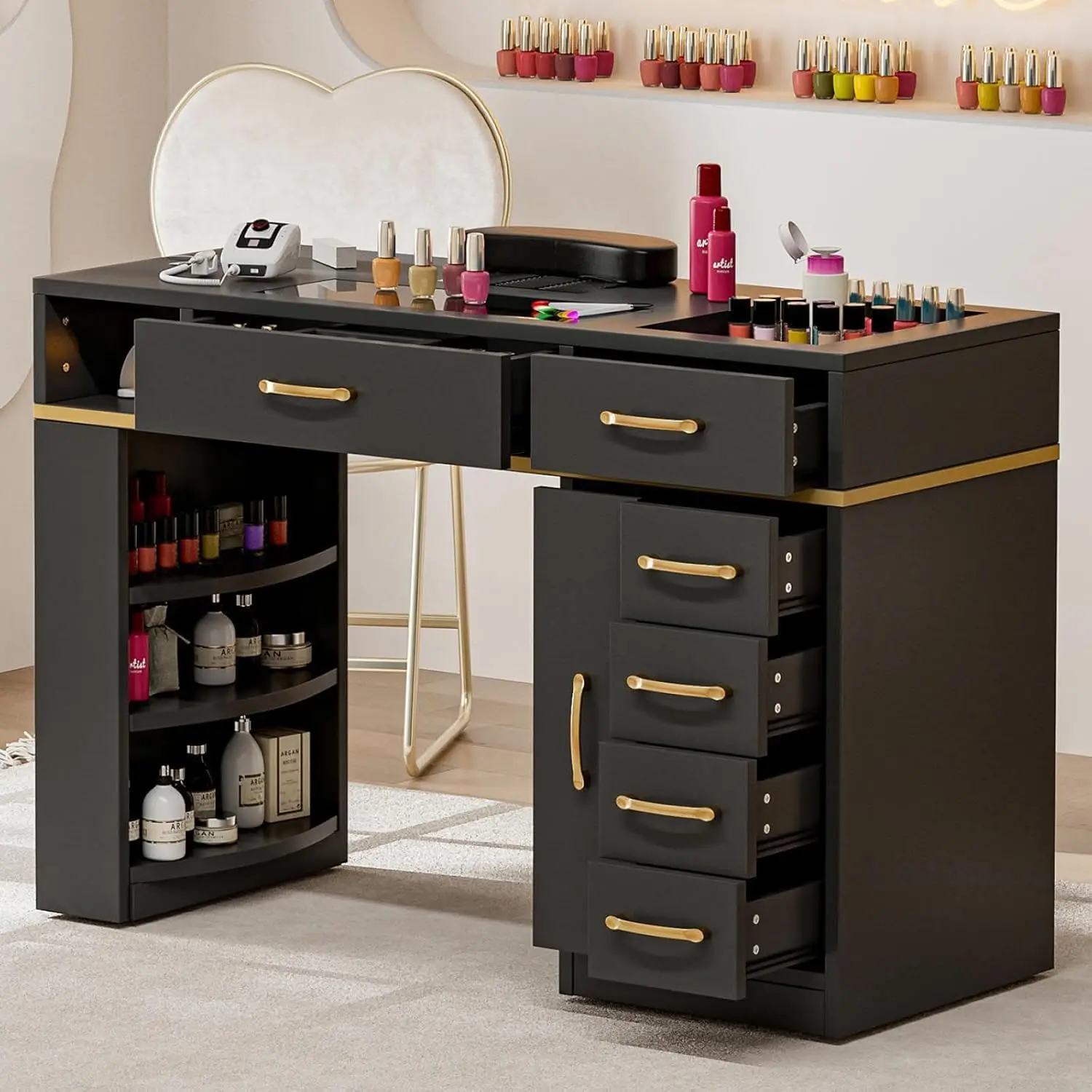 Nail Table Station with Dust Collector, Glass Top Manicure Table Nail Desk Station w/7 Drawers & 3-Tiers Open Shelves, Nail