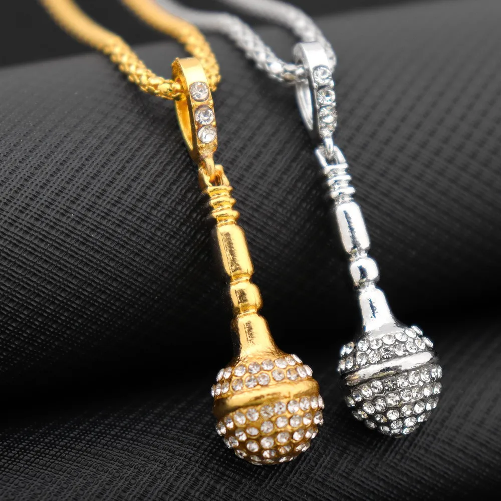 New Personality Gold-Plated Microphone Necklace Man Woman Hip Hop Rock-Encrusted Microphone Pendant Accessories Party Jewelry