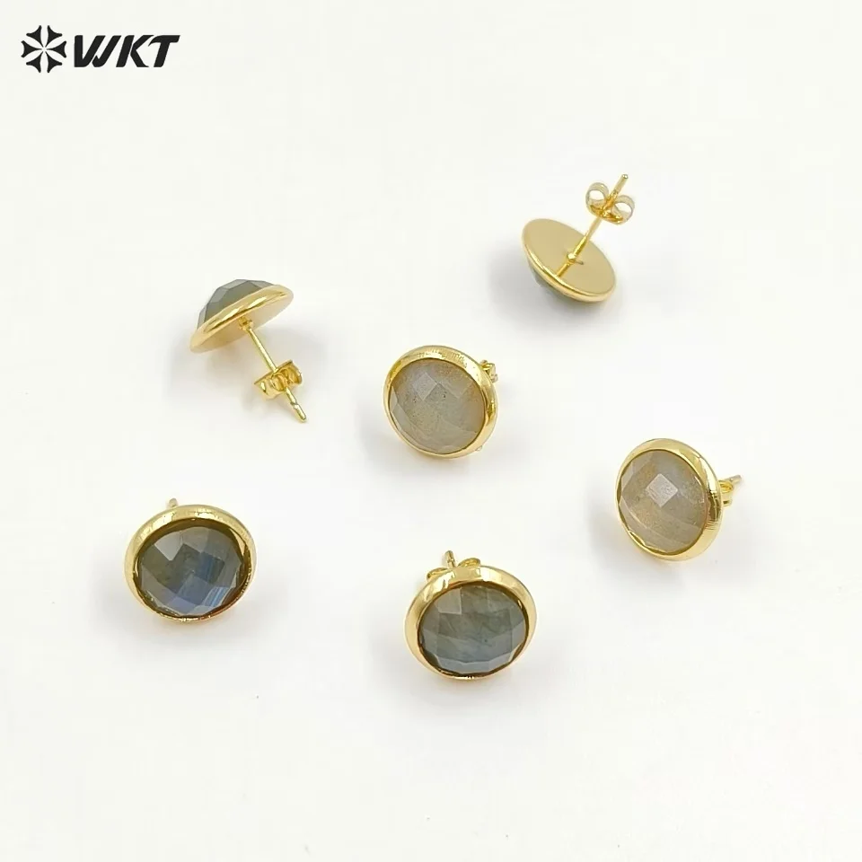 WT-E188 Nieuw Model 10mm Kleine Ronde Labradoriet Studs Met 18k Gouden Bezel Instelling Flash Stone Vrouwen Oorbellen