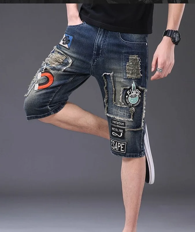 Summer Street Style Embroidered Denim Shorts For Men Patch Holes Knee length Jeans Patchwork Shorts