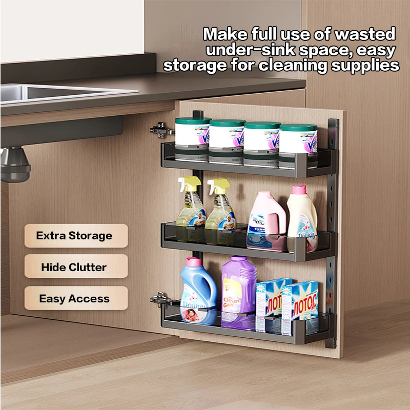 Under Sink Cabinet Door Hanging Basket Rust Proof Stainless Steel Multi Tier Storage Rack No Drill Heavy Duty Organizer Space
