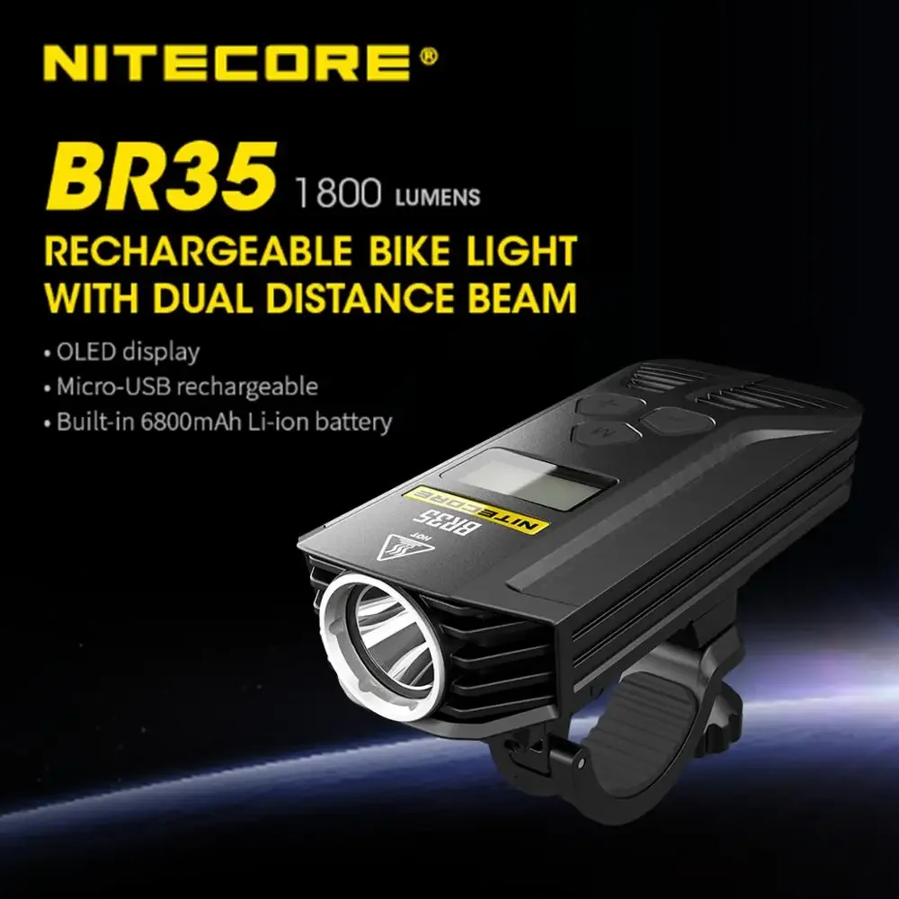 Imagem -06 - Nitecore-luz de Bicicleta Recarregável com Interruptor Remoto Luz de Bicicleta Feixe de Distância Dupla Display Oled Br35 1800lumens