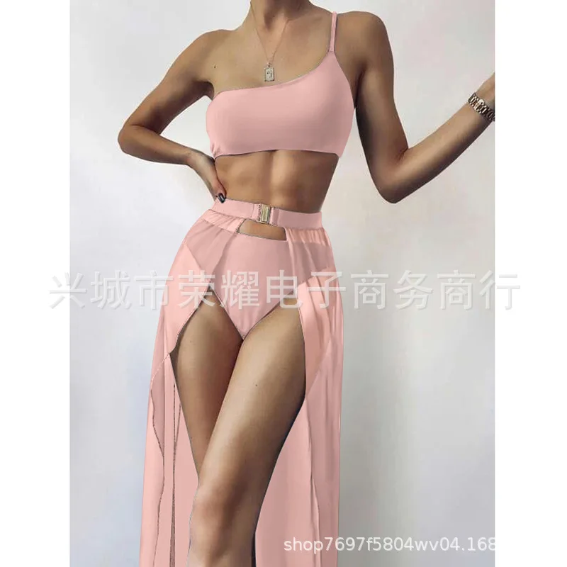 3PCS See Through Mesh Bikini Cover Up Set Women Bathing Outfits Adults Solid Color One Shoulder Bikini Top new