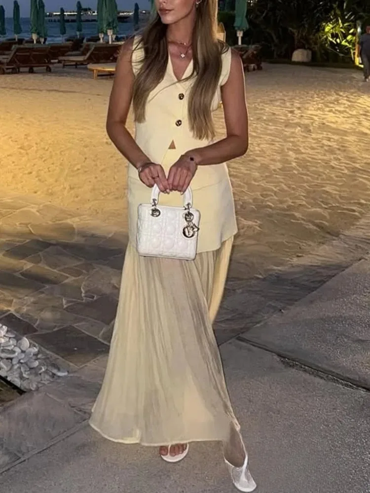 KONDALA Abito lavorato a maglia da donna vintage chic con scollo a V senza maniche Top dritto gonna lunga impiombata Moda 2025 Abito primaverile