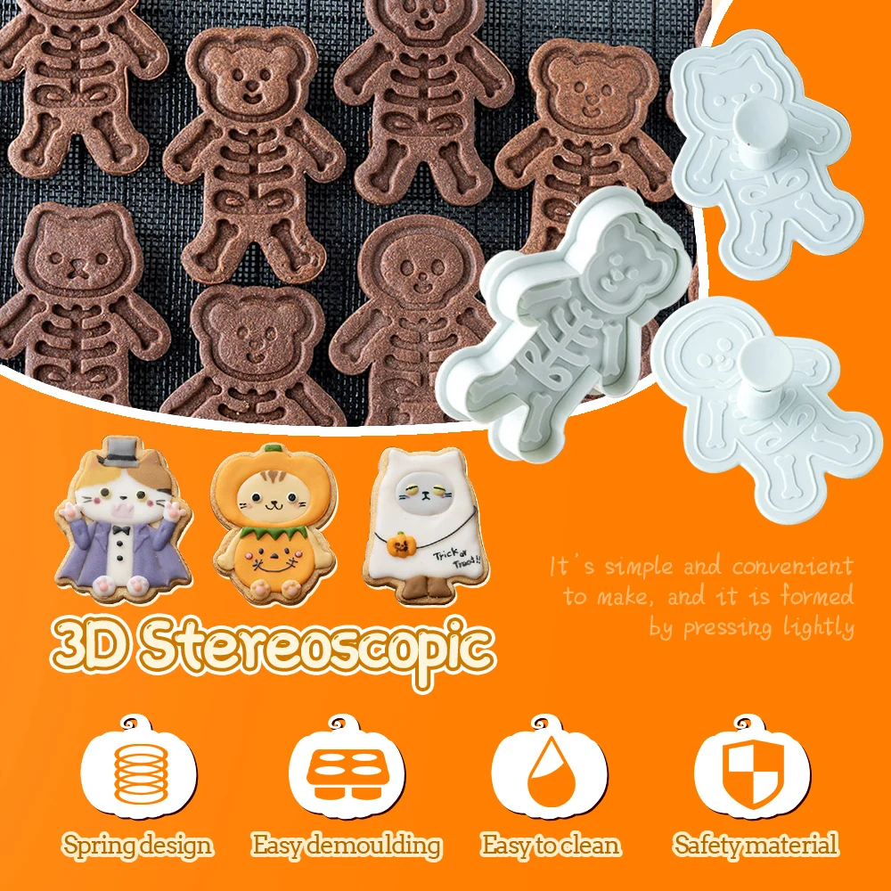 3Pcs DIY Halloween Cookie Cutters Set Skeleton Cookie Mold 3D Biscuit Mold Embossed Stamps Halloween Party Cake Decorating Tool