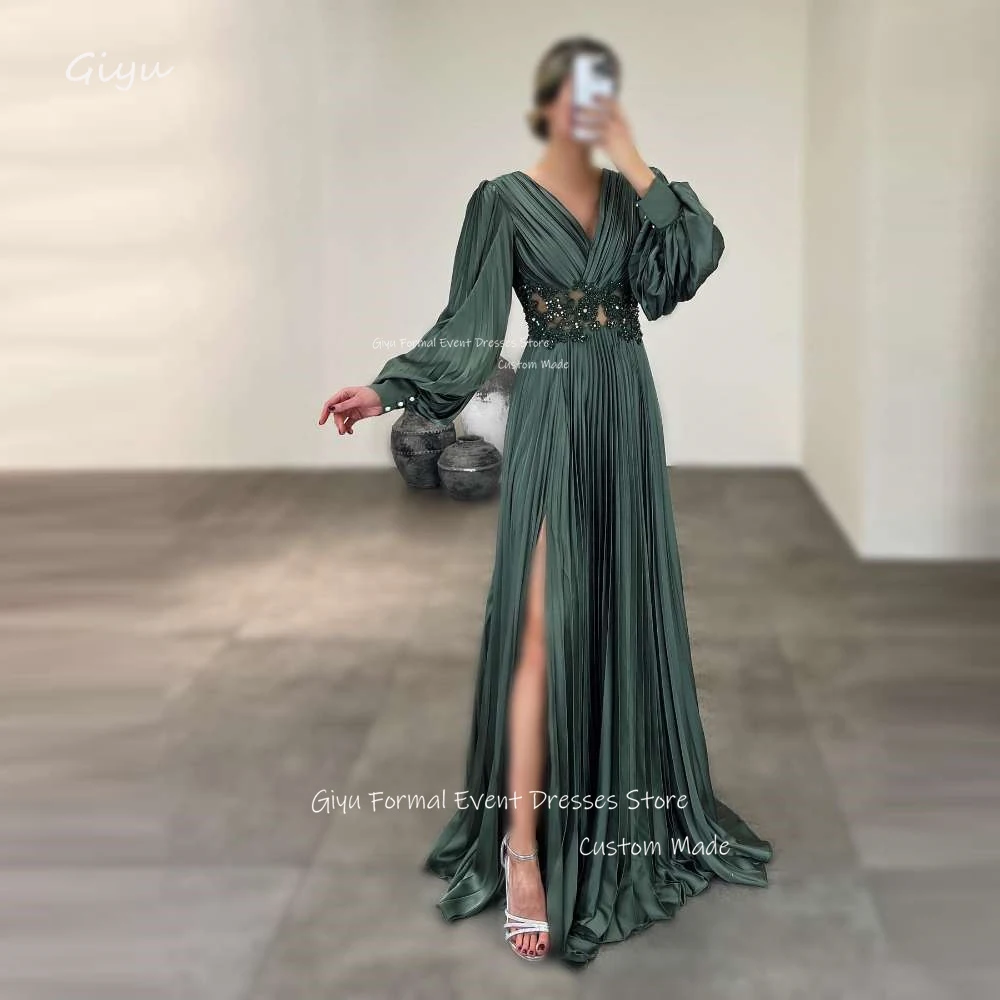 Giyu Vintage Dark Green A Line Formal Evening Dresses Dubai Arabic Women V Neck Long Sleeves Pleats Beads Formal Occasion Dress