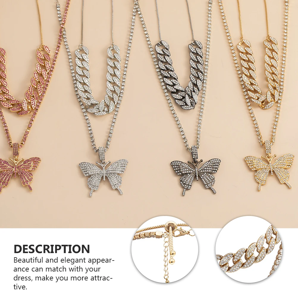

2 Pcs Necklace Chain Geometric Ornament Retro Jewelry Animal Rhinestone Decor Golden Pendant Miss