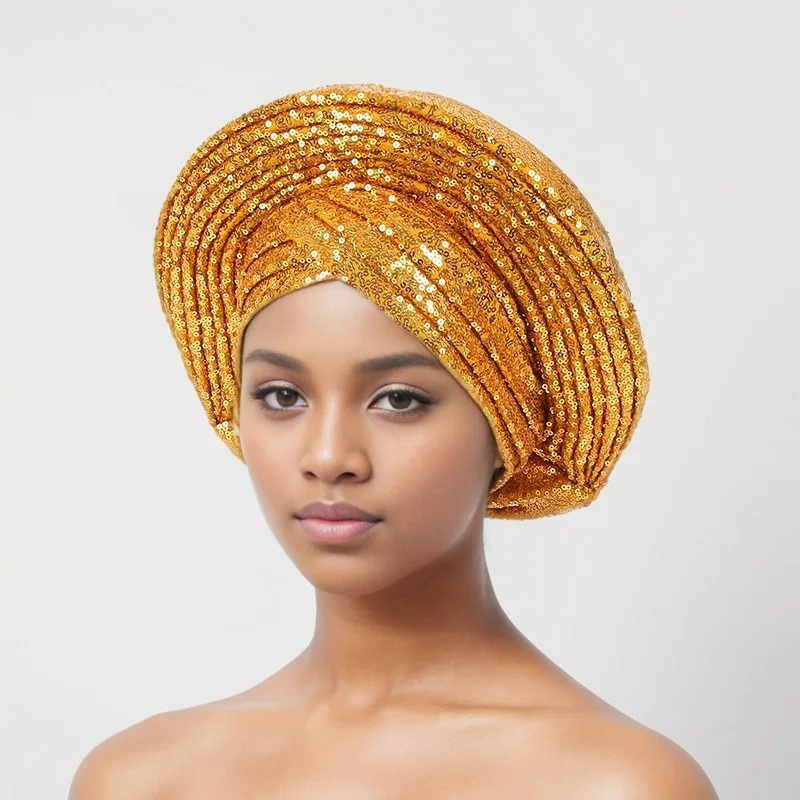 Sequins แอฟริกัน Autogele Headtie ไนจีเรียงานแต่งงาน Geles แล้ว Made Auto Gele ผู้หญิงหัว Wraps หญิง Turban หมวกปาร์ตี้หมวก