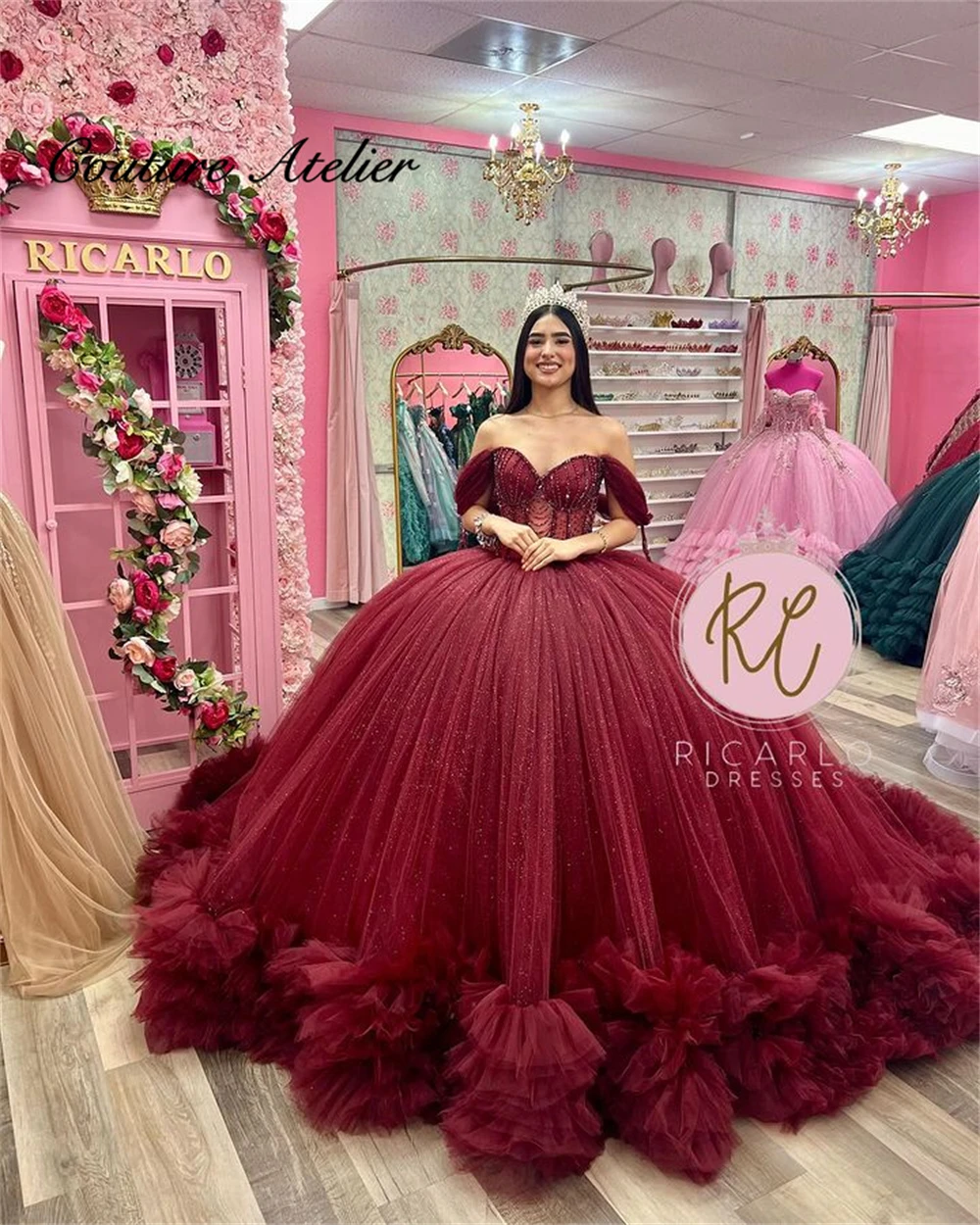 Shinning Burgundy Tassels Off The Shoulder Quinceanera Dresses Ball Gown 2024 Princess Sweet 16 Dresses Wedding Gown Luxury