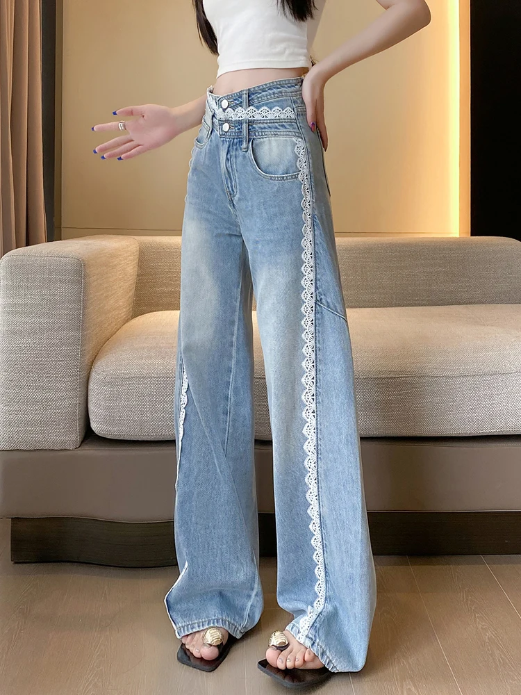 Pantalones vaqueros de pierna ancha de encaje Retro para mujer, pantalones de cintura alta de diseño de verano, pantalones vaqueros de corte recto hasta el suelo, pantalones informales de mezclilla