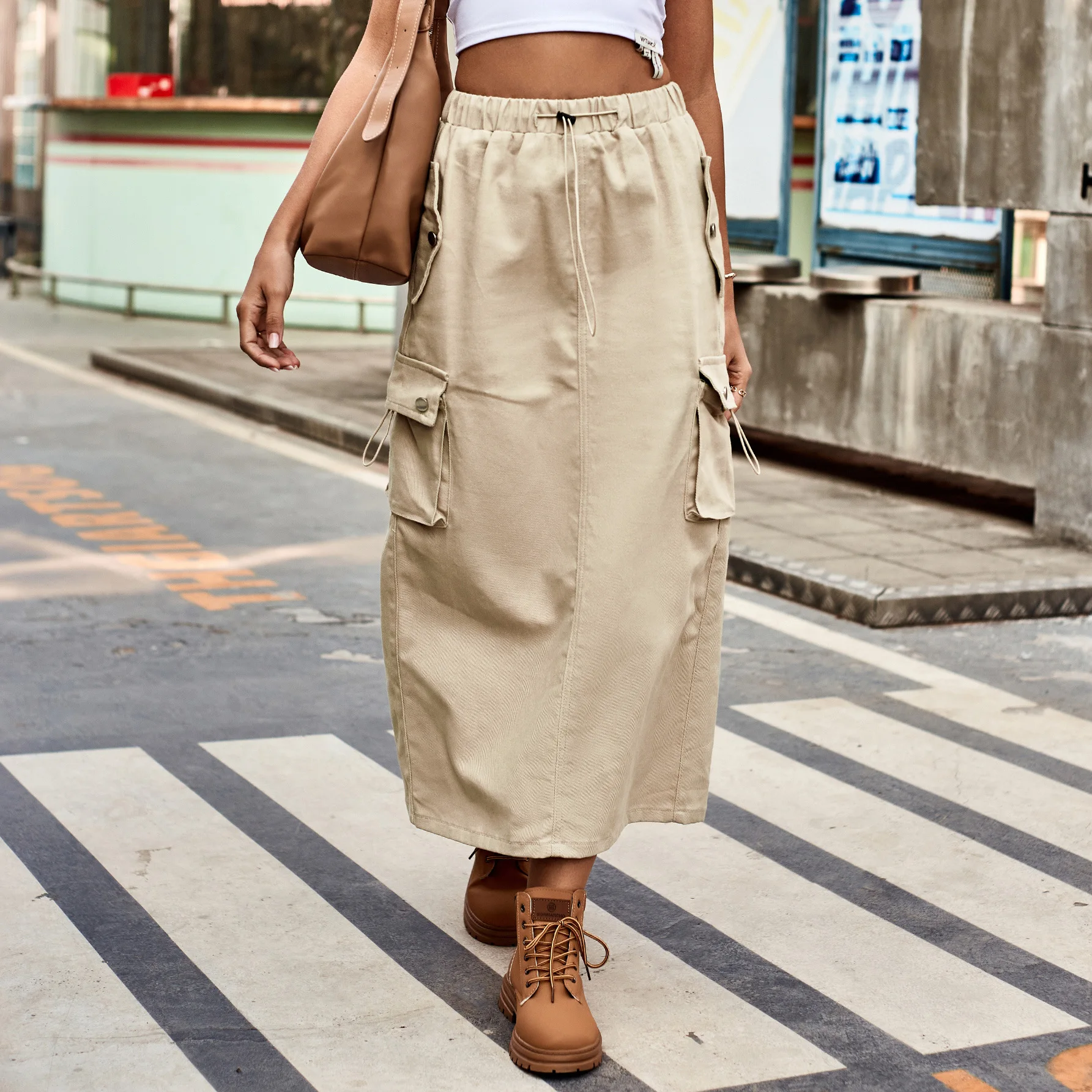 

Slight Strech Drawstring Women Washed Denim Skirts Ankle Length Loose Fit Pockets Safari Style Skirt Distressed Vintage