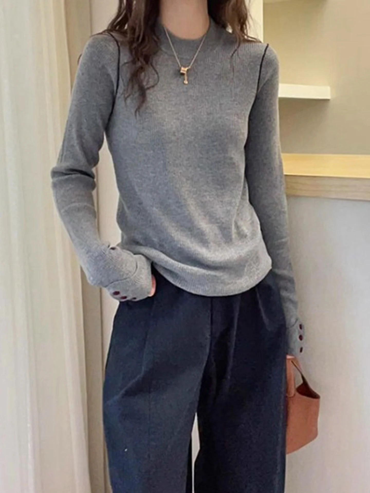 

Women's Long Sleeve Crew Neck Base Shirt Pure Color Knitwear Stylish Design Commute Friendly Straight Cut Inner Wear