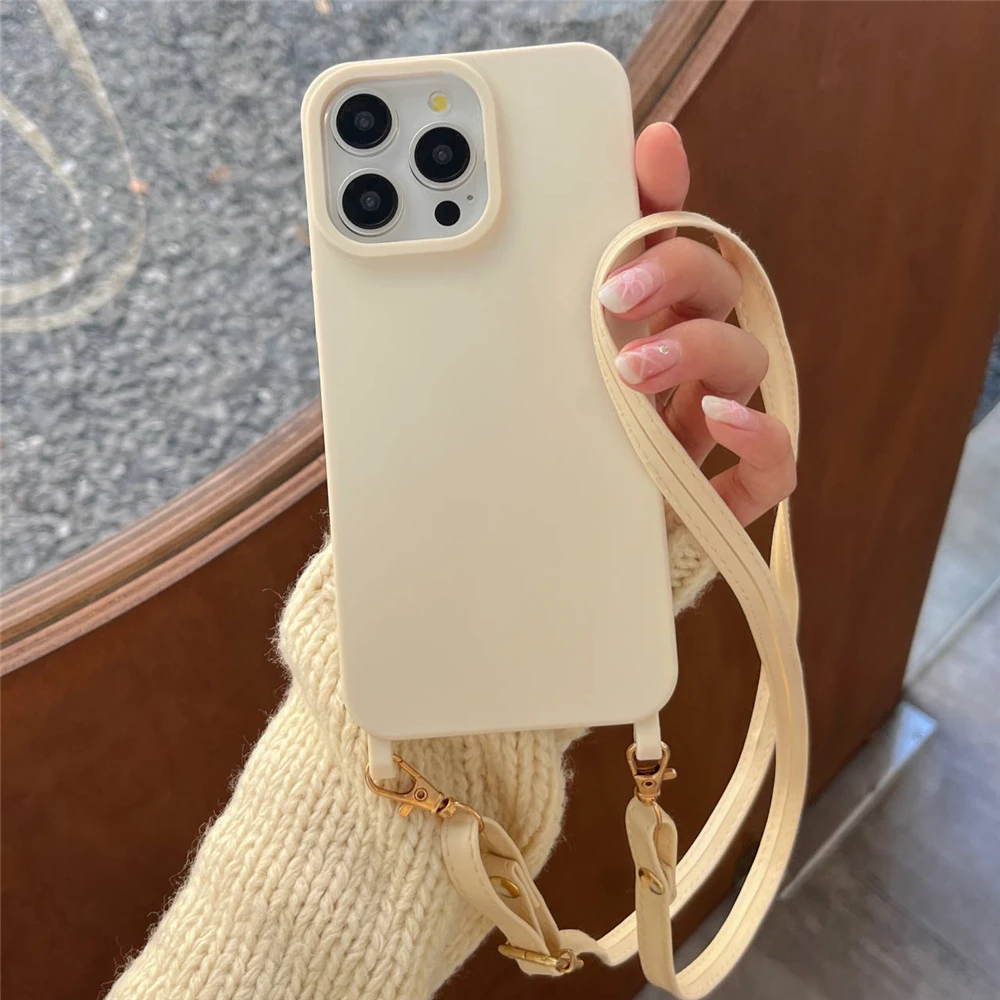 Crossbody Leather PU Chain Lanyard Necklace Soft Silicone Case For iPhone 16 15 11 12 13 14 Pro Max XS X Plus Solid Color Cover
