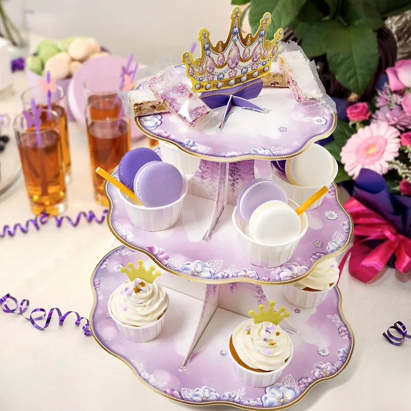 Lila Cupcake Stand 3-stufiges Dessert für Lavendel Blumen krone Thema Quince anera Party Kuchen Serviert ablett Hochzeits feier Lieferungen – Detail 5