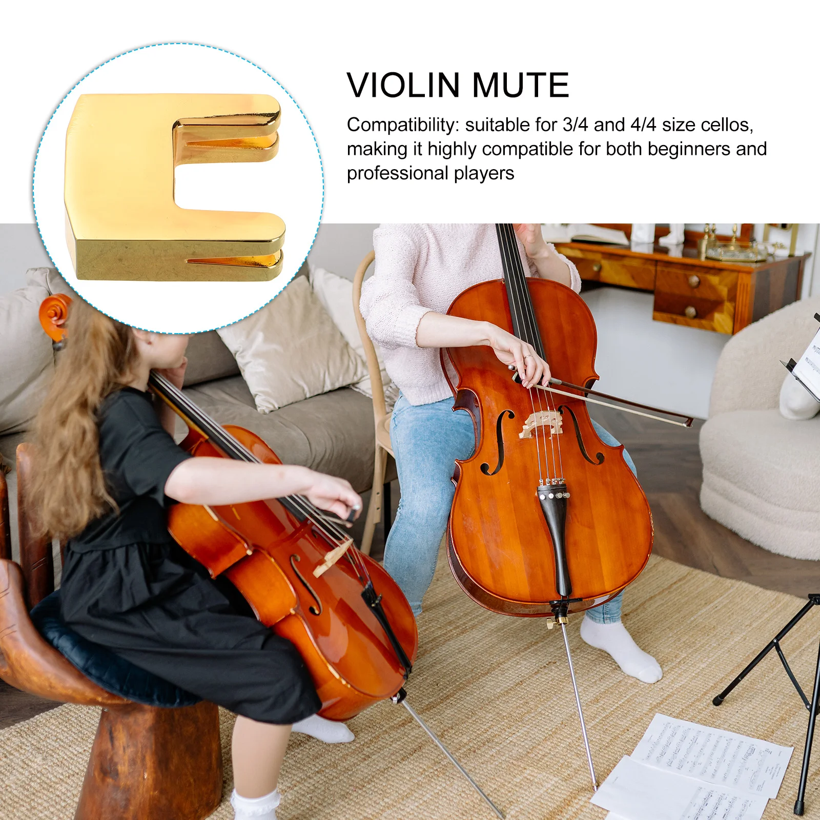 

Metal Cello Mute Golden 3/4 4/4 Noise Reduction Durable Easy Installation Silent Practice Tool Compatible Violin Viola Mute