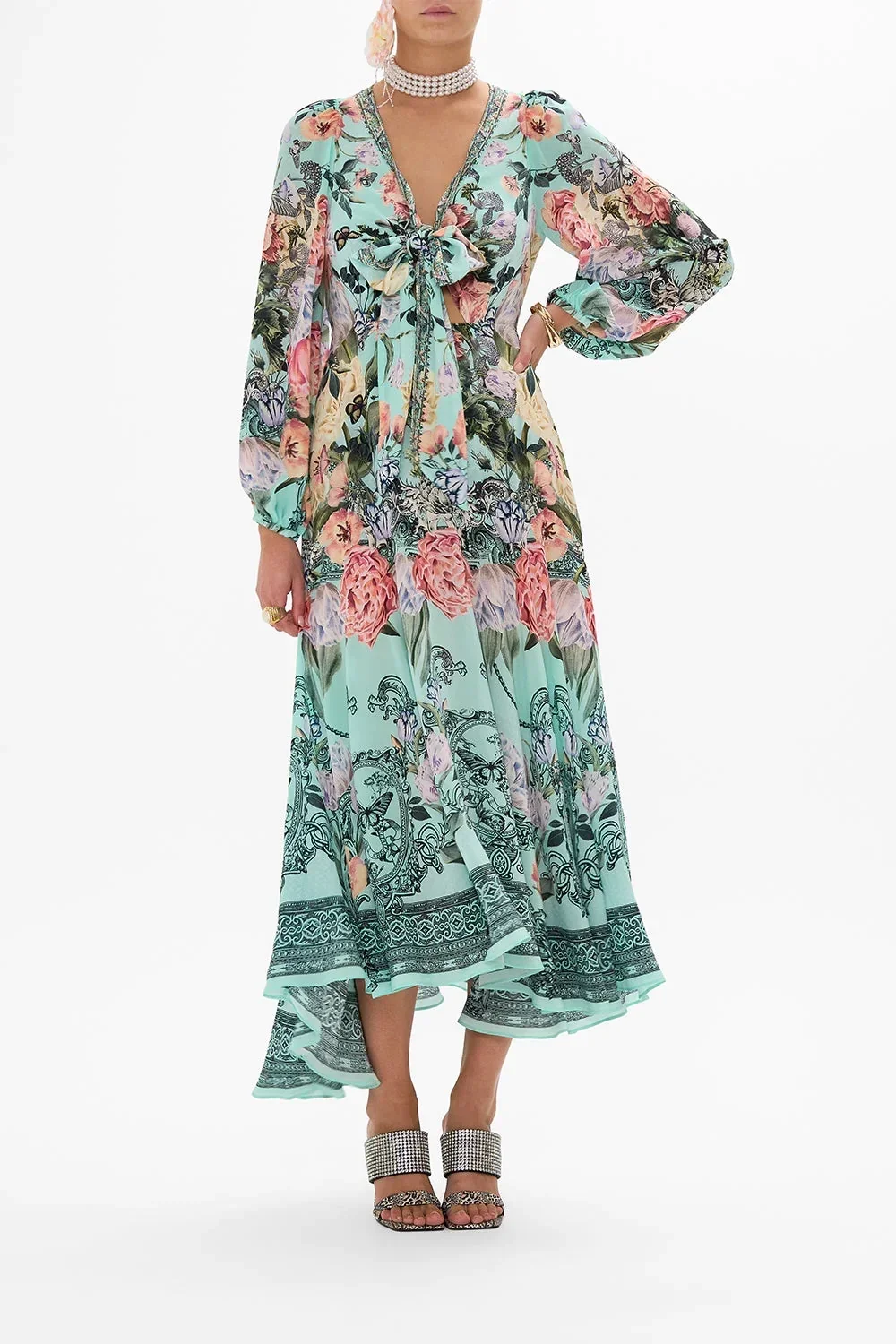 

Women's Robes 2024 New Spring Summer 100% Silk Floral Printed Beaded V-Neck Lace-up Bow Vintage Full Sleeve Holiday Long Dress
