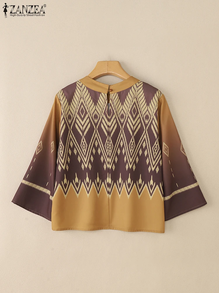 ZANZEA-Blusas étnicas Vintage con estampado geométrico para Mujer, Blusas holgadas informales con cuello redondo y manga 3/4, Tops Ikat para vacaciones 2025