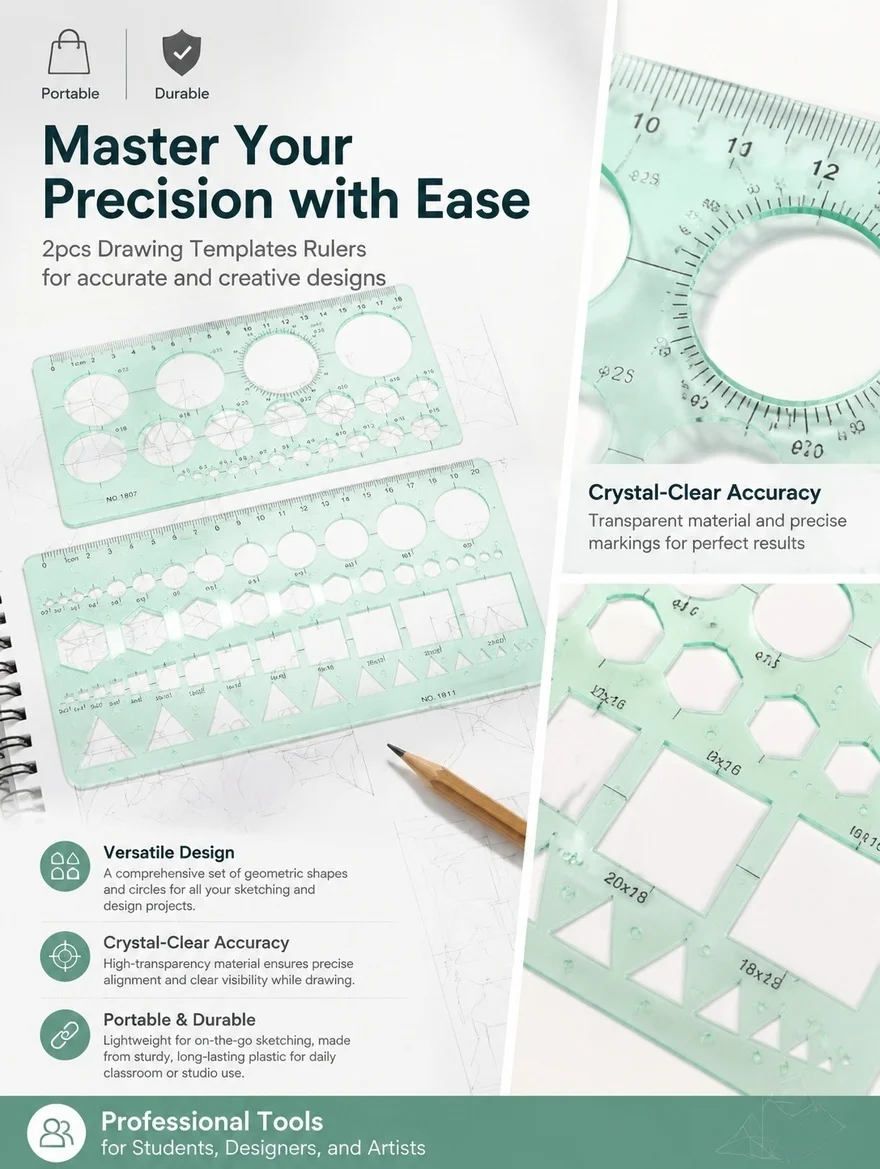2pcs Transparent Geometric Drawing Template Ruler Set for Drafting, Sketching, Art Journaling & Craft Design