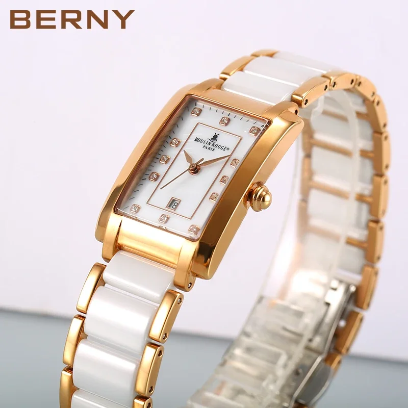 BERNY Women Quartz Watch Fashion Gold Female Clock Waterproof Relogio Feminino Birthday Gift Ceramic Bracelet Butterfly Buckle