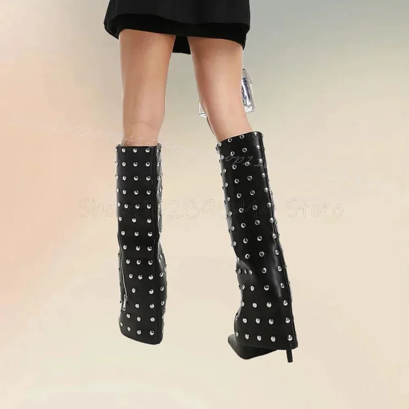 

Rivets Zipper Decor Black Turned Over Pointed Toe Boots Slip On Women Shoes Thin High Heels New Fashion 2025 Zapatos Para Mujere