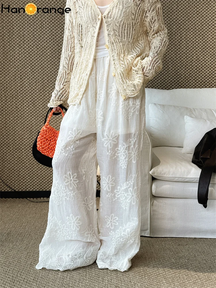 

HanOrange 2026 Summer Elastic Waist Embroidery Flower Casual Pants Women Holiday Long Trousers White/Beige