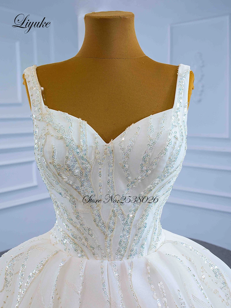 Liyuke مخصص الحبيب السباغيتي الأشرطة الكرة ثوب الزفاف من يزين مذهل الدانتيل التنانير الزفاف