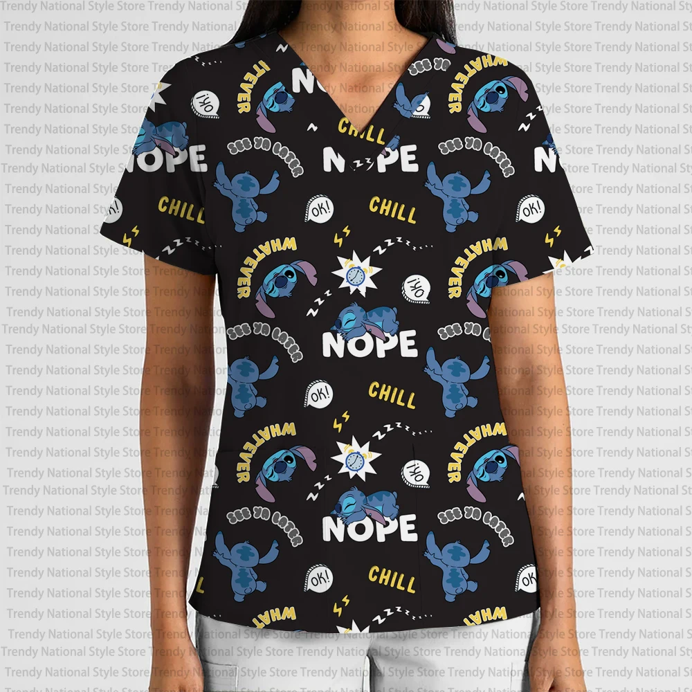 New Summer Women's High Quality Disney Stitch Cartoon Print V-Neck Frosted Top Dental Pet Shop Versatile Breathable T-shirt