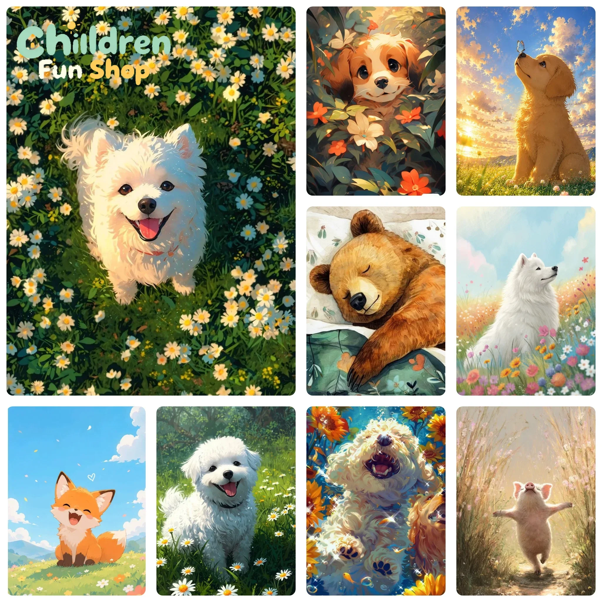 DIY Cute Forest Animal Diamond Painting, Lovely Puppy Fox Bear Floral Meadow Scene For Living Room Wall Decoration Handmade Gi