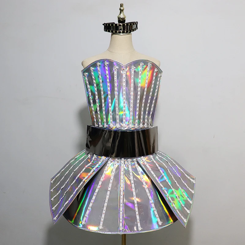 Full Color LED Costume Laser Mirror Luminous Dress Bar Dj Gogo Dancer Singer Stage Glowing Clothes Women Evening Birthday Outfit