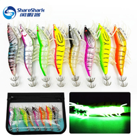 8PCS Bag Glow in The Dark Soft Foot Shrimp Jig Hard Fishing Lures Shrimp Squid Hook Wood Shrimp Bait Fishing Lure Set