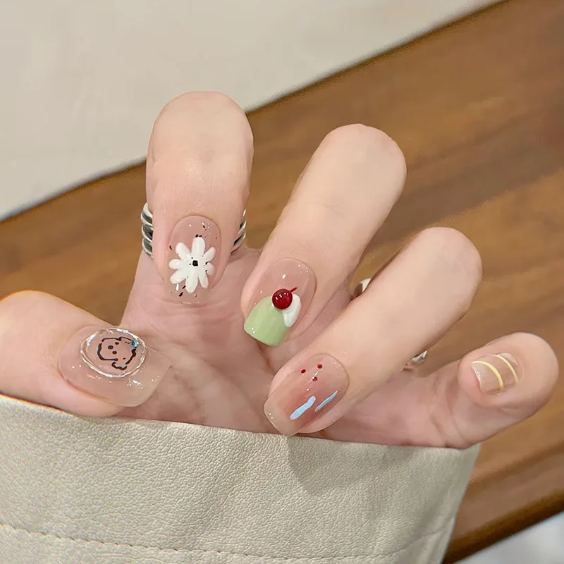 

24 Pcs Blush Fake Nails with Glue Flower Puppy Summer Press on Nails with Sticky Tabs Cute Sweet Beautiful Nail Tips Paste Nails