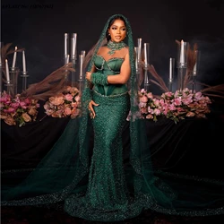 EVLAST Customized African Green Beaded Mermaid Prom Dress Cape Crystals Aso Ebi Formal Party Dress Wedding Guest Gown P142