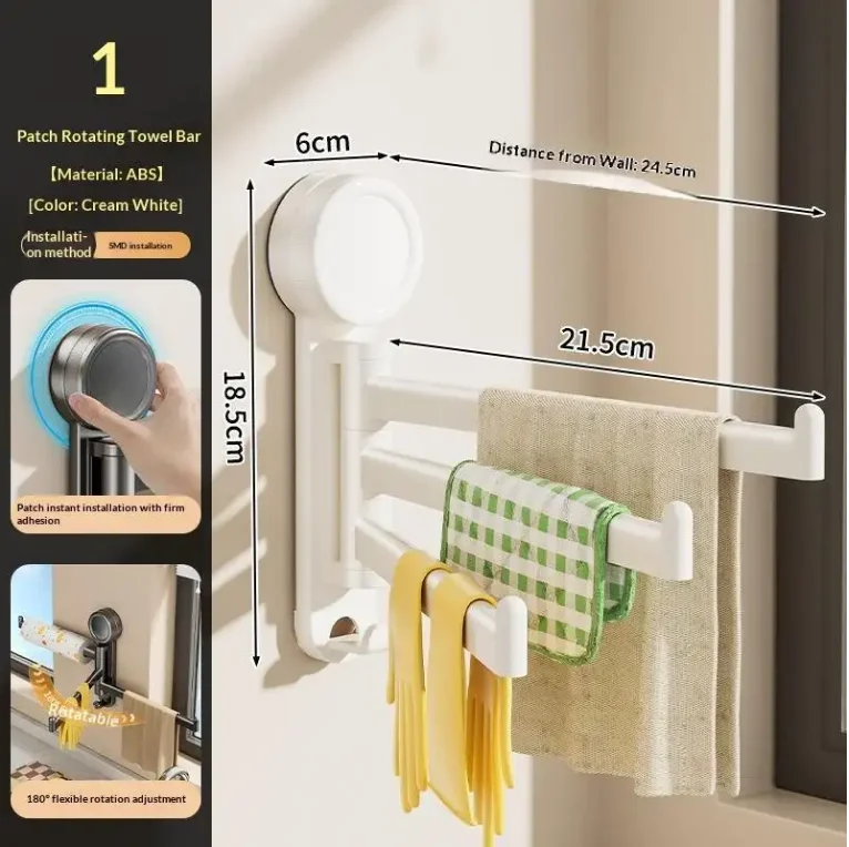 Suction Cup Towel Rack No Drill Kitchen Dishcloth Holder Rotating 3-Bar Wall Mounted Organizer for Bathroom Bedroom Dorm Storage