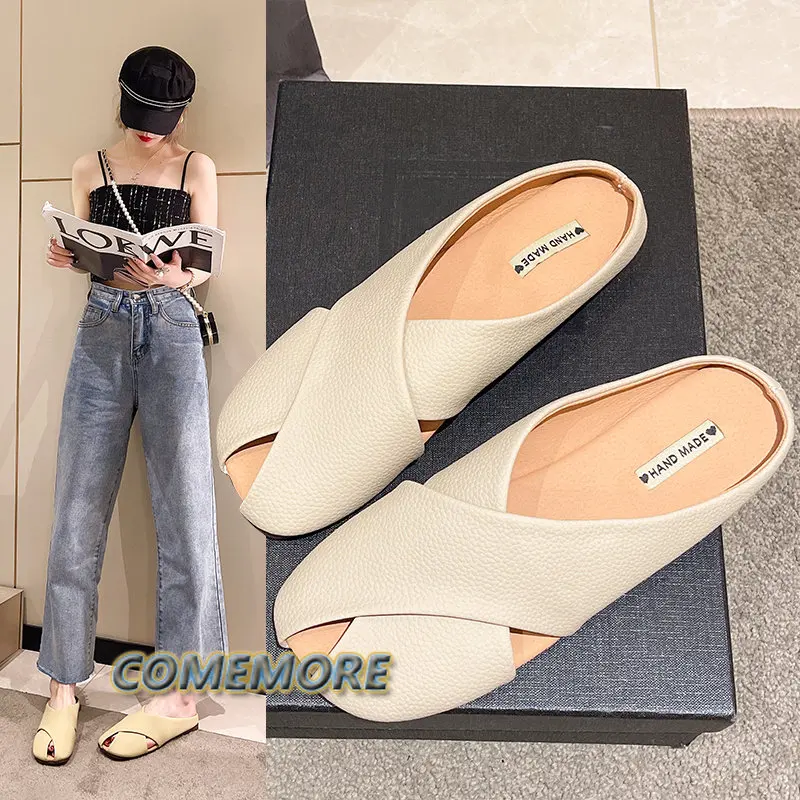 Mixed Colors PU Leather Women Slippers Elegant Open Toe Shallow Striped Non-Slip High-Heeled Slides Designer Fish Mouth Sandals