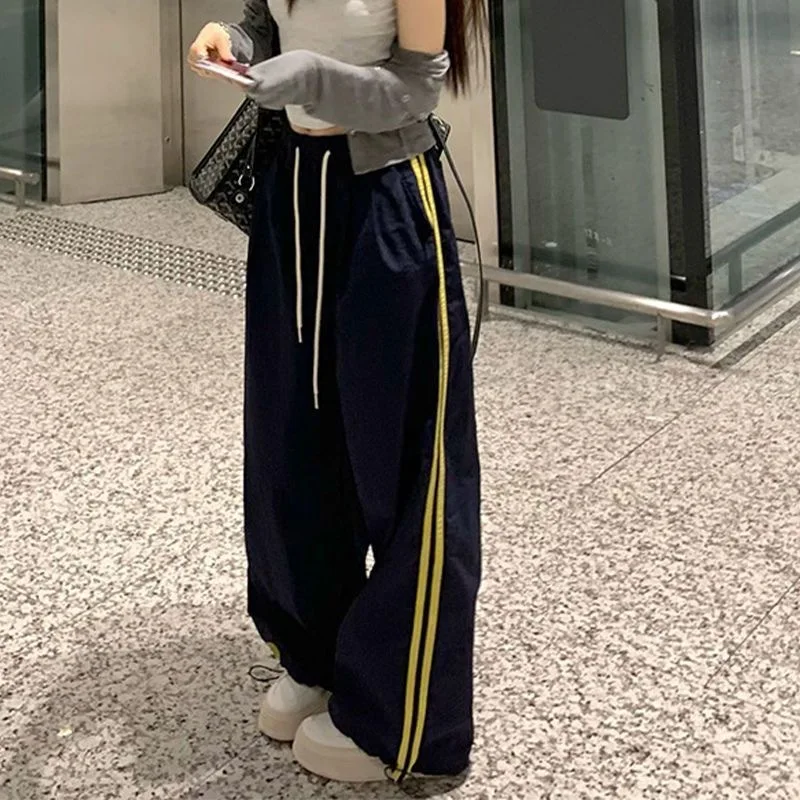 

2024 New American Streetwear Style Sports Joggers Casual Pants & Capris Navy Blue with Double Stripes Female Sweatpants