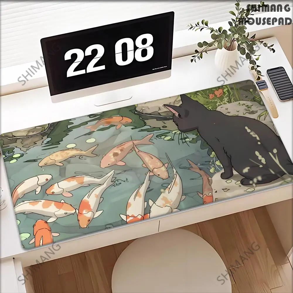 

White Cat and Fish Anime Mouse Pad Large Computer Office Game Table Mats XXL Rubber Anti-slip Gaming Keyboard Mat Long Desk Pads