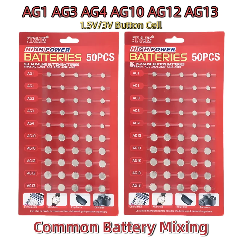 50PCS/Card 1.5V/3V AG13 LR44 L AG1 AG3 AG4 AG10 AG12 SR44 Button Batteries A76 LR1154 GP7 Coin Cell for Watch Toys Remote