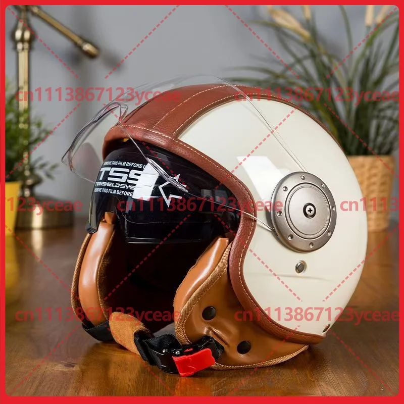 For Retro Dual Visor Motorcycle Open Face Helmet, Leather Half Helmet, Removable Liner Riding Safety Helmet