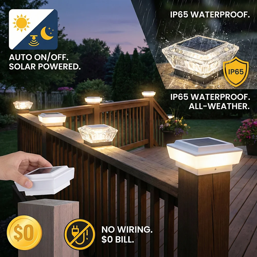 

Warm White LED Solar Lawn Lamp Outdoor Garden Post Pillar Light Waterproof Fence Deck Cap Lamp IP65 Easy Installation