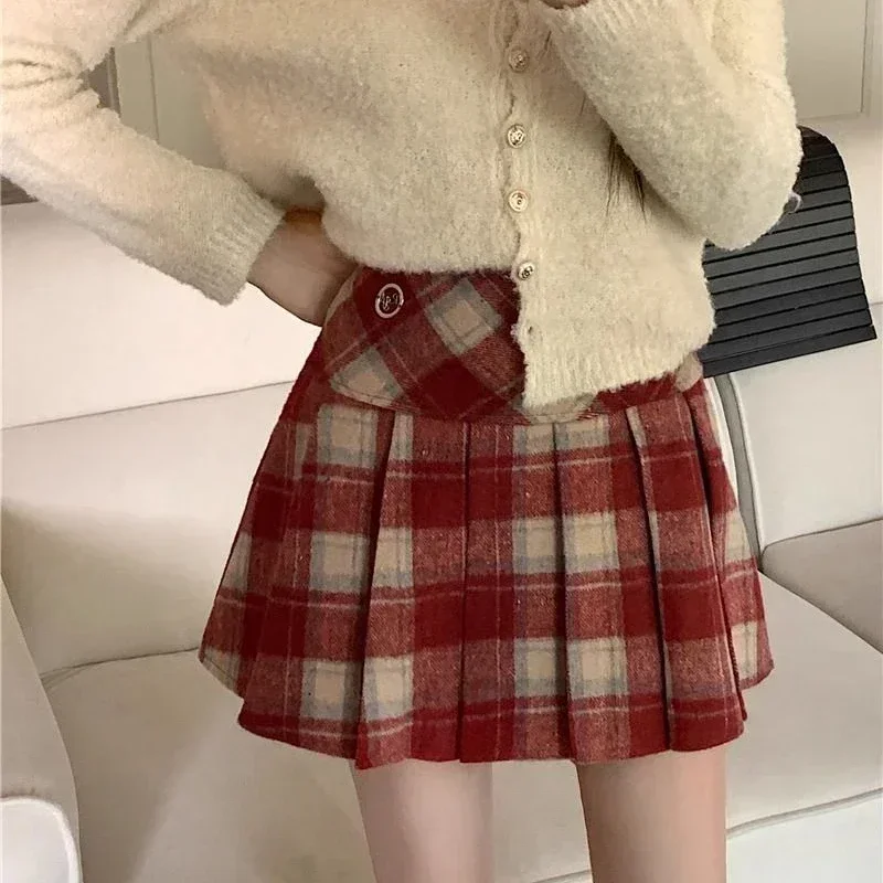 Deeptown Plaid Wool Skirt Vintage Kawaii Sweet Korean Fashion Mini Skirts Preppy Style Cute Autumn Winter Patchwork Short Skirts