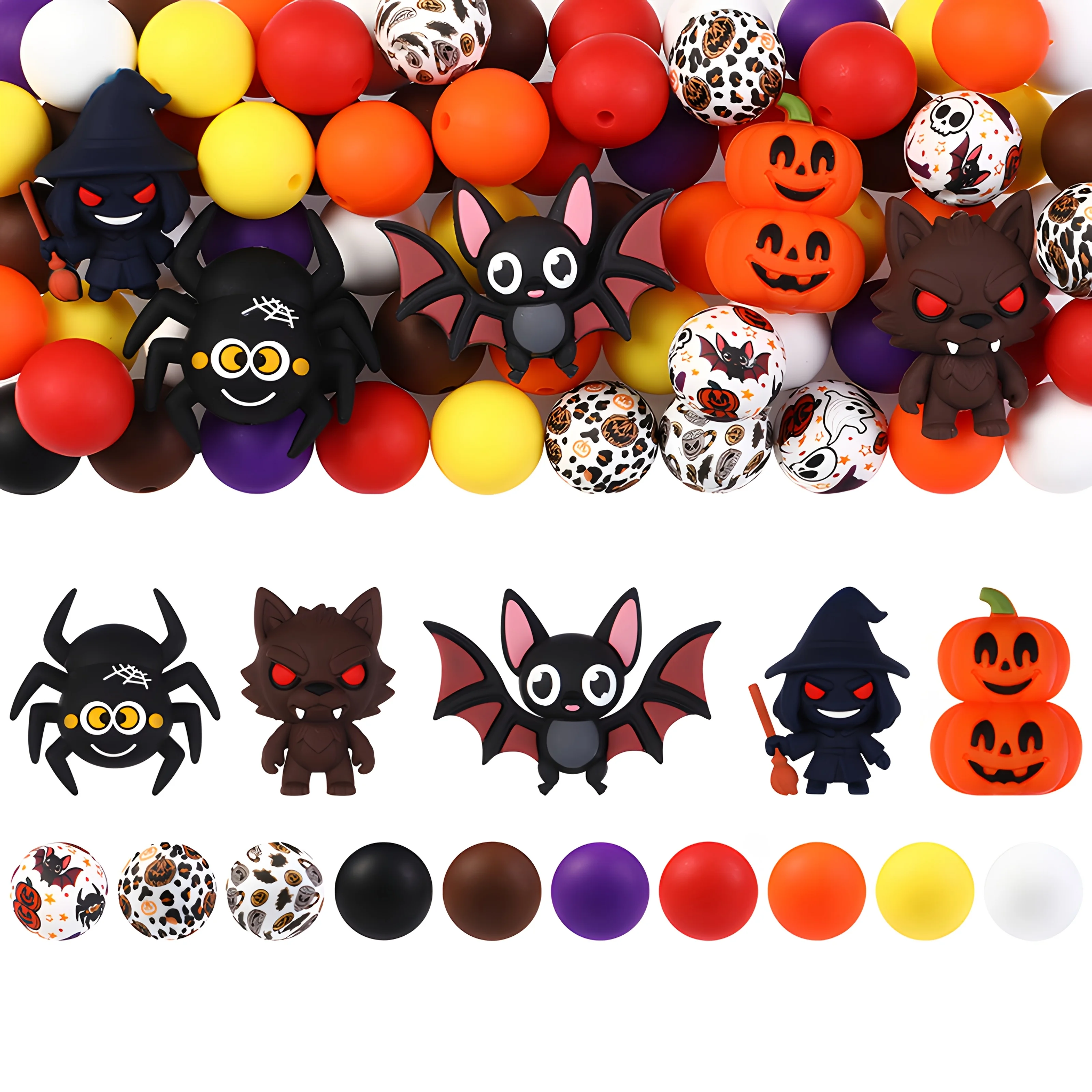33/34/53/70Pcs Halloween Themed Silicone Bead Set DIY Beaded Necklace Bracelet Decoration Pen Jewelry Pendant Etc. Holiday Birthday Gift