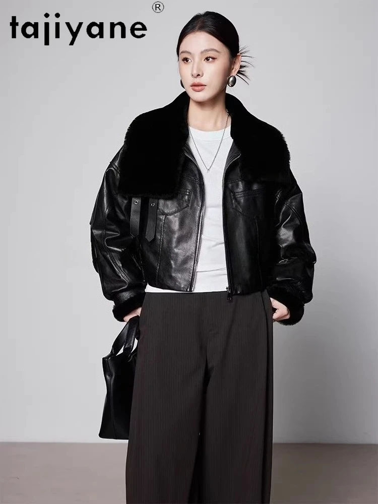TAJIYANE Piumini d'oca in pelle di pecora Chic Colletto in lana Piumini Corti Giacca in vera pelle Donna 2025 Abbigliamento invernale шу sì