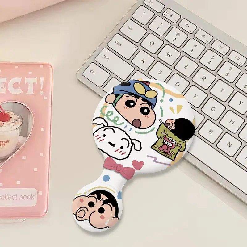 Bandai New Crayon Shin Chans Anime Mirror Kawaii Cute Cartoon Double Sided Portable Makeup Mirror Handle Mirror Creative Gifts