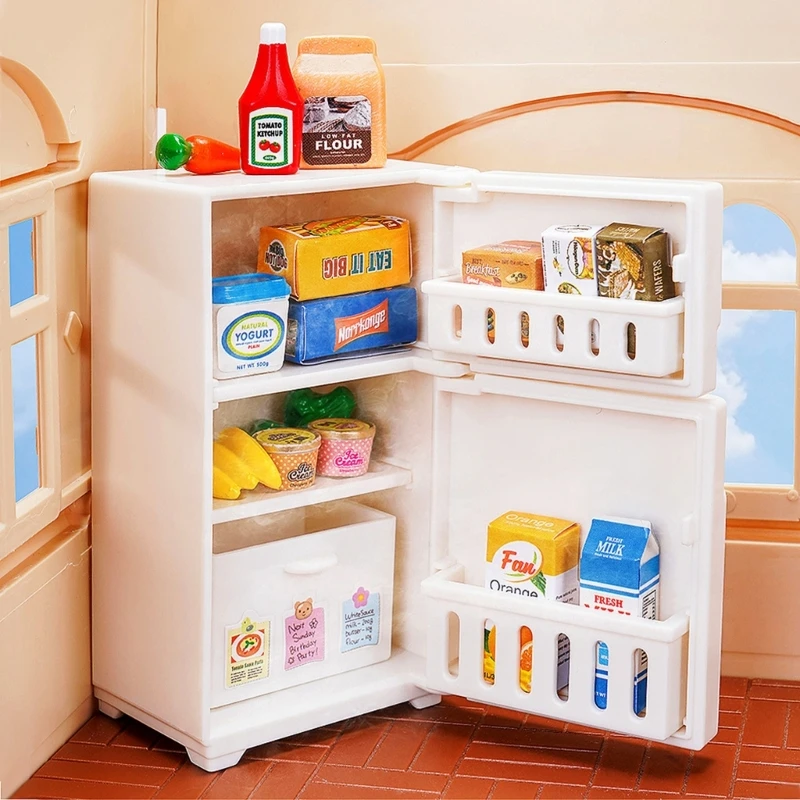 Girls First Fridge Refrigerator Pretend-Play Kid Role-Playing Kitchen Furniture Realistic Dollhouse Vintage Freezer