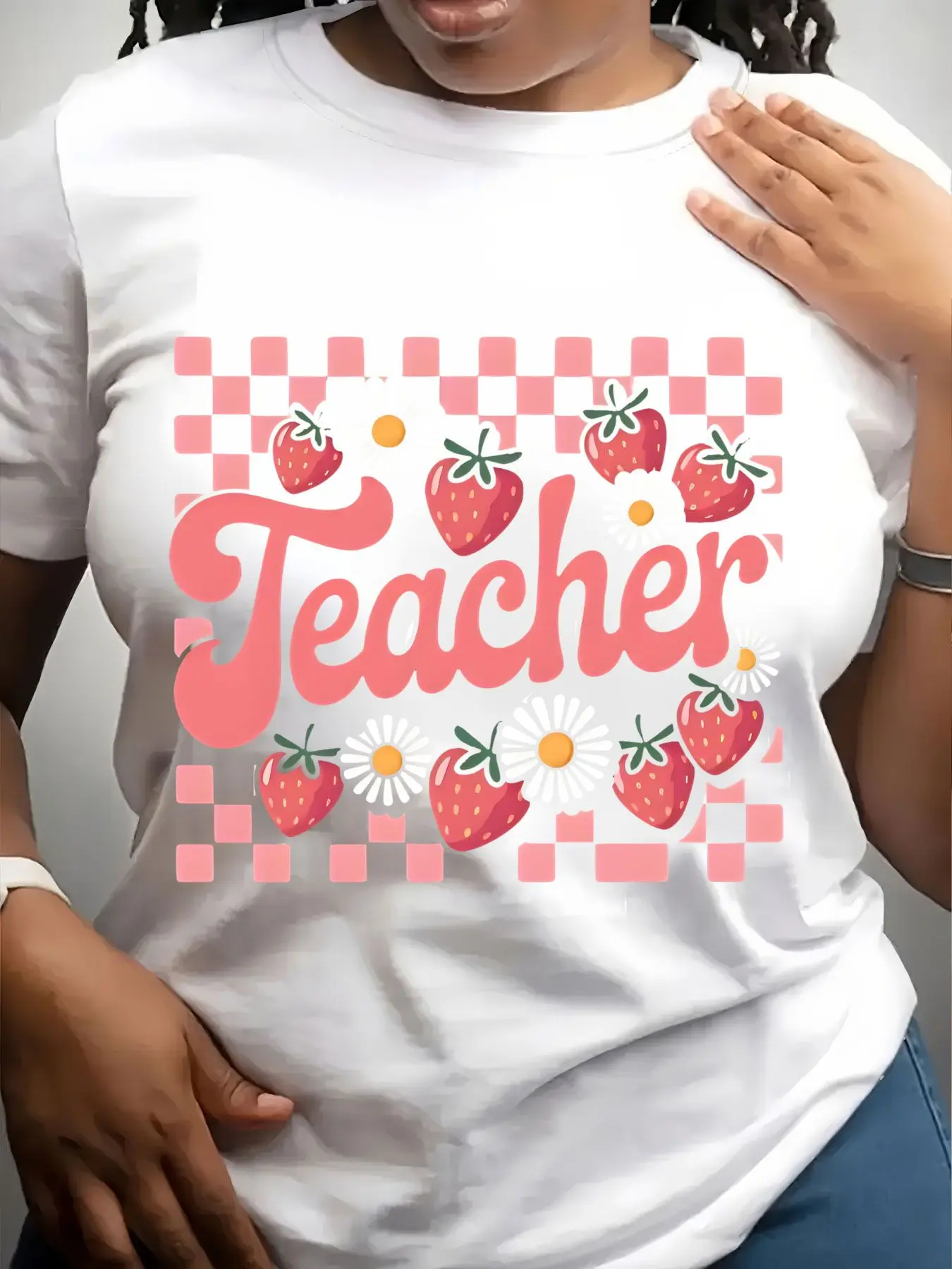 Women's Trendy Crew Neck T-Shirt Teacher Strawberry Daisy Checkered Pattern Suitable for Casual Sportswear